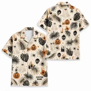 Personalized Spooky Pattern Halloween Hawaiian Shirt For Men Women, Short Sleeve Festive Fall Vacation Print, Custom Name Button Down - Style 2
