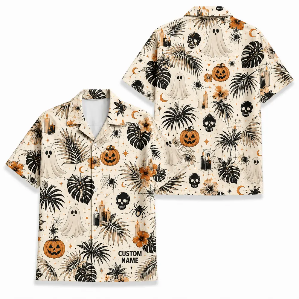 Personalized Spooky Pattern Halloween Hawaiian Shirt For Men Women, Short Sleeve Festive Fall Vacation Print, Custom Name Button Down - Style 2