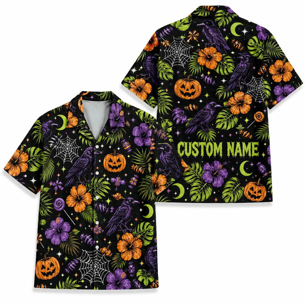Personalized Spooky Pattern Halloween Hawaiian Shirt For Men Women, Short Sleeve Festive Fall Vacation Print, Custom Name Button Down - Style 3