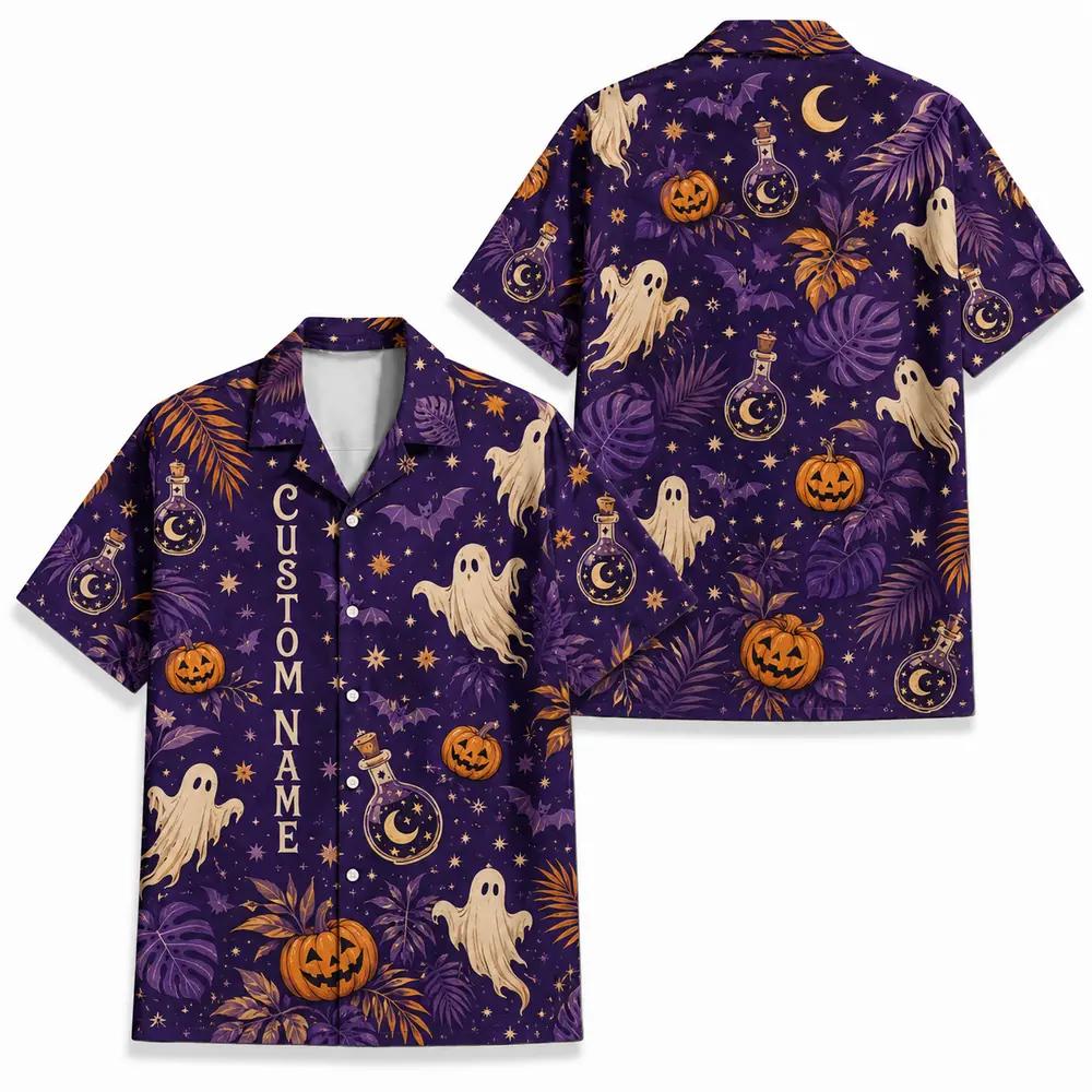 Personalized Spooky Pattern Halloween Hawaiian Shirt For Men Women, Short Sleeve Festive Fall Vacation Print, Custom Name Button Down - Style 4