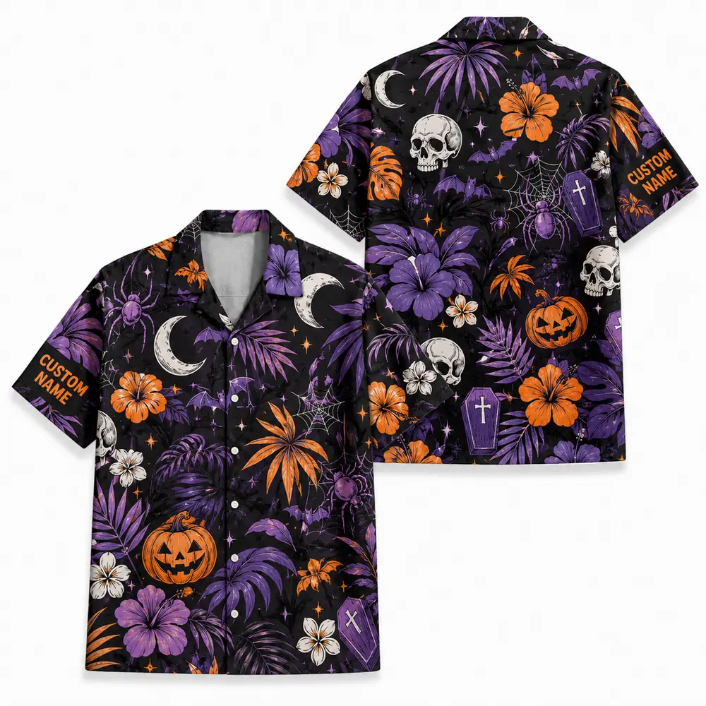Personalized Spooky Pattern Halloween Hawaiian Shirt For Men Women, Short Sleeve Festive Fall Vacation Print, Custom Name Button Down - Style 5