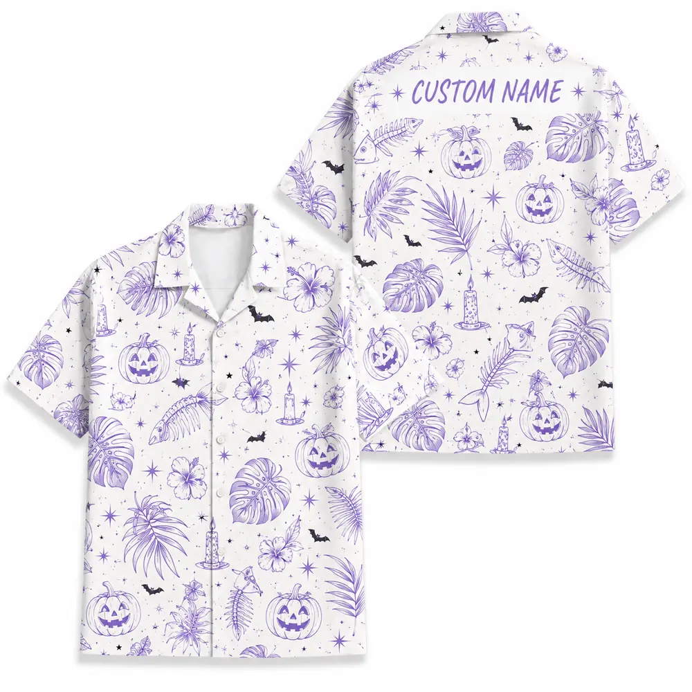 Personalized Spooky Pattern Halloween Hawaiian Shirt For Men Women, Short Sleeve Festive Fall Vacation Print, Custom Name Button Down - Style 6
