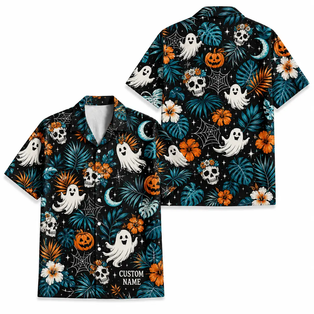 Personalized Spooky Pattern Halloween Hawaiian Shirt For Men Women, Short Sleeve Festive Fall Vacation Print, Custom Name Button Down - Style 7