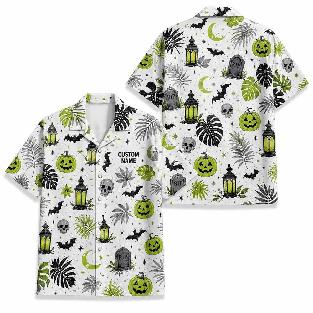 Personalized Spooky Pattern Halloween Hawaiian Shirt For Men Women, Short Sleeve Festive Fall Vacation Print, Custom Name Button Down - Style 8