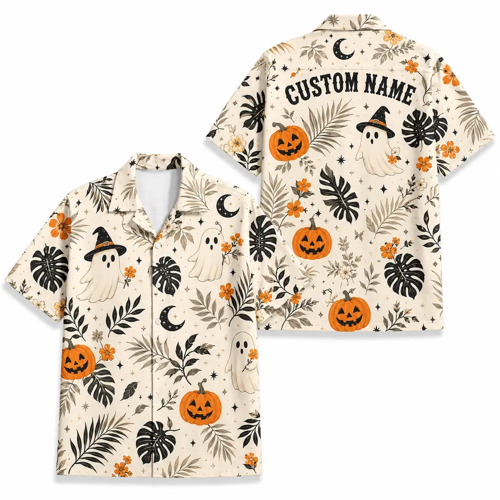 Personalized Spooky Pattern Halloween Hawaiian Shirt For Men Women, Short Sleeve Festive Fall Vacation Print, Custom Name Button Down - Style 9