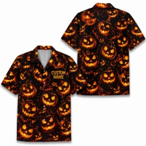 Personalized Spooky Pumpkin Halloween Hawaiian Shirt For Men Women, Short Sleeve Creepy Fall Festival Vacation Print, Custom Name Button Down - Style 1