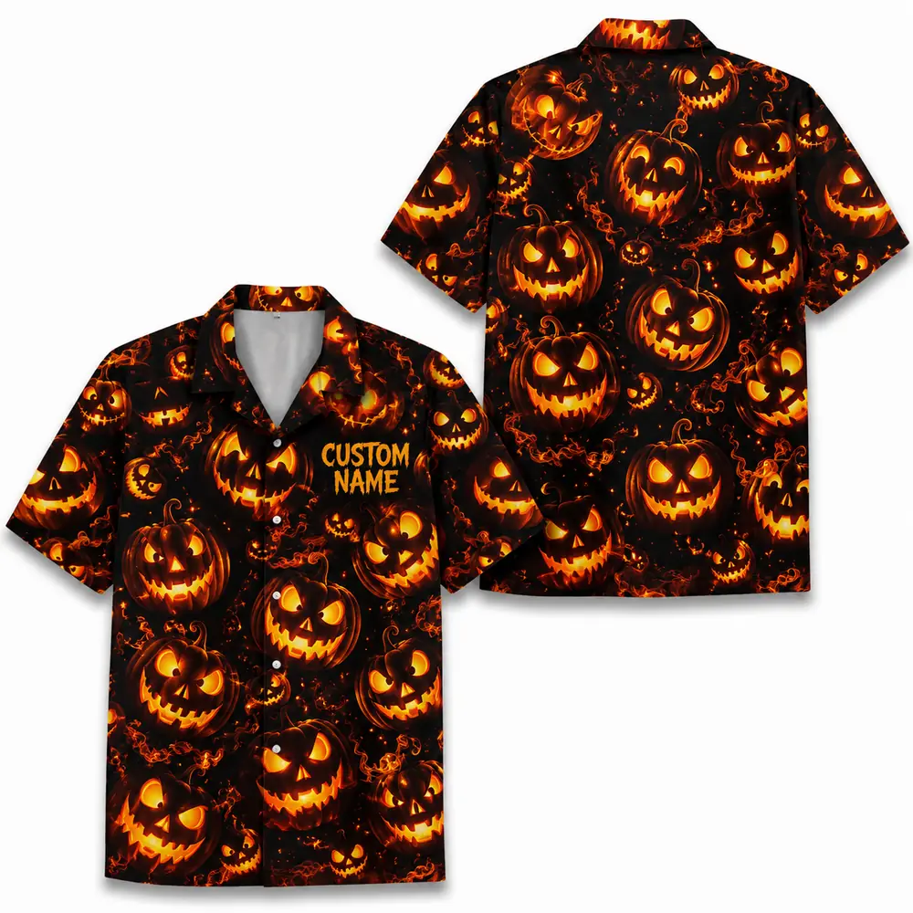 Personalized Spooky Pumpkin Halloween Hawaiian Shirt For Men Women, Short Sleeve Creepy Fall Festival Vacation Print, Custom Name Button Down - Style 1