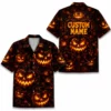 Personalized Spooky Pumpkin Halloween Hawaiian Shirt For Men Women, Short Sleeve Creepy Fall Festival Vacation Print, Custom Name Button Down - Style 10