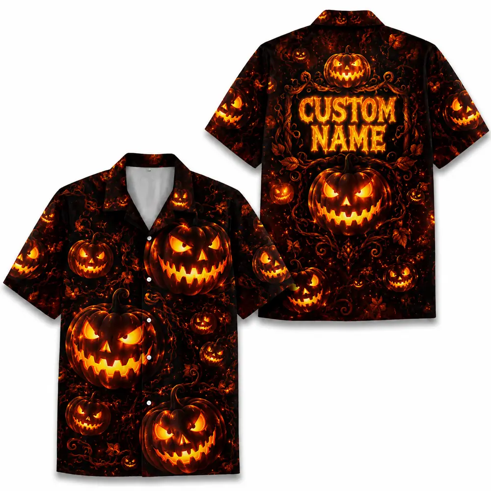 Personalized Spooky Pumpkin Halloween Hawaiian Shirt For Men Women, Short Sleeve Creepy Fall Festival Vacation Print, Custom Name Button Down - Style 10