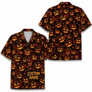 Personalized Spooky Pumpkin Halloween Hawaiian Shirt For Men Women, Short Sleeve Creepy Fall Festival Vacation Print, Custom Name Button Down - Style 2