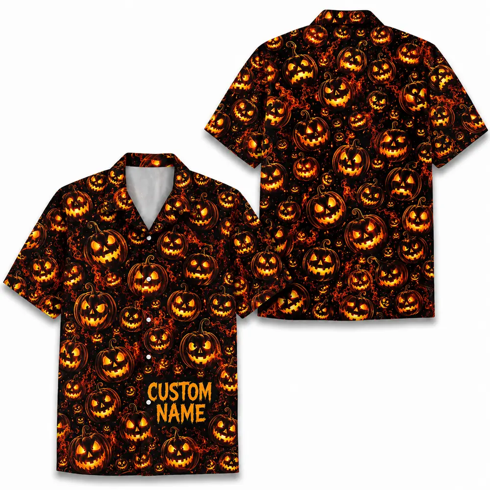 Personalized Spooky Pumpkin Halloween Hawaiian Shirt For Men Women, Short Sleeve Creepy Fall Festival Vacation Print, Custom Name Button Down - Style 2