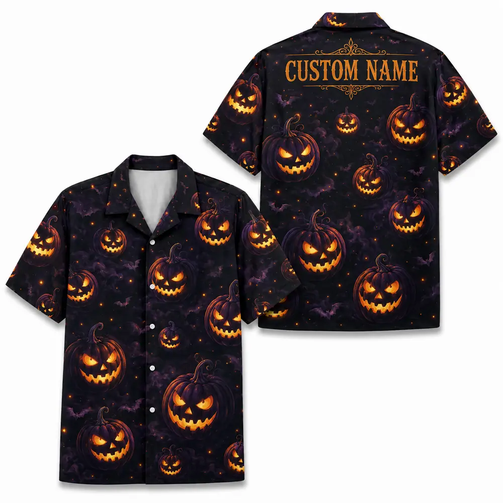 Personalized Spooky Pumpkin Halloween Hawaiian Shirt For Men Women, Short Sleeve Creepy Fall Festival Vacation Print, Custom Name Button Down - Style 3