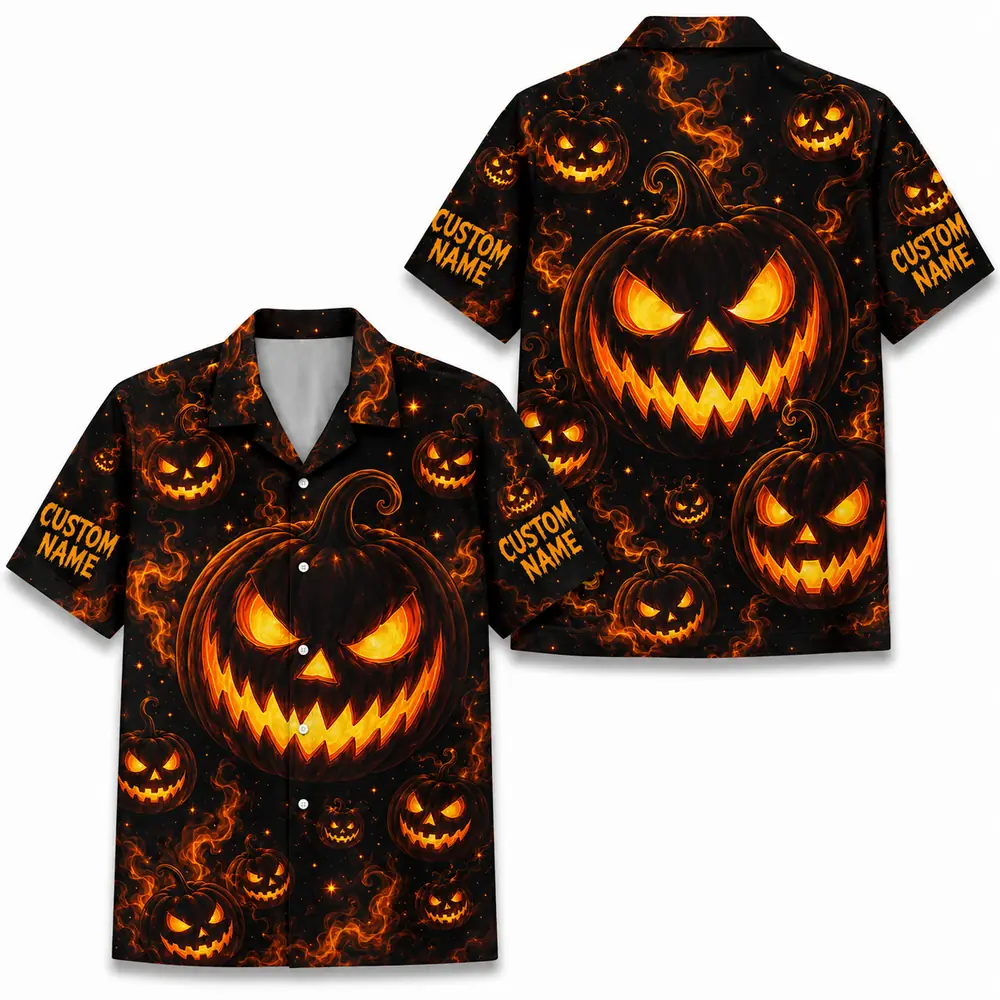 Personalized Spooky Pumpkin Halloween Hawaiian Shirt For Men Women, Short Sleeve Creepy Fall Festival Vacation Print, Custom Name Button Down - Style 4