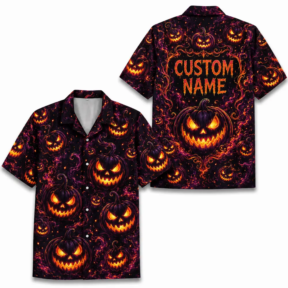 Personalized Spooky Pumpkin Halloween Hawaiian Shirt For Men Women, Short Sleeve Creepy Fall Festival Vacation Print, Custom Name Button Down - Style 5