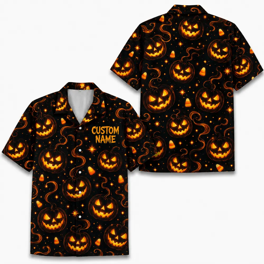Personalized Spooky Pumpkin Halloween Hawaiian Shirt For Men Women, Short Sleeve Creepy Fall Festival Vacation Print, Custom Name Button Down - Style 6
