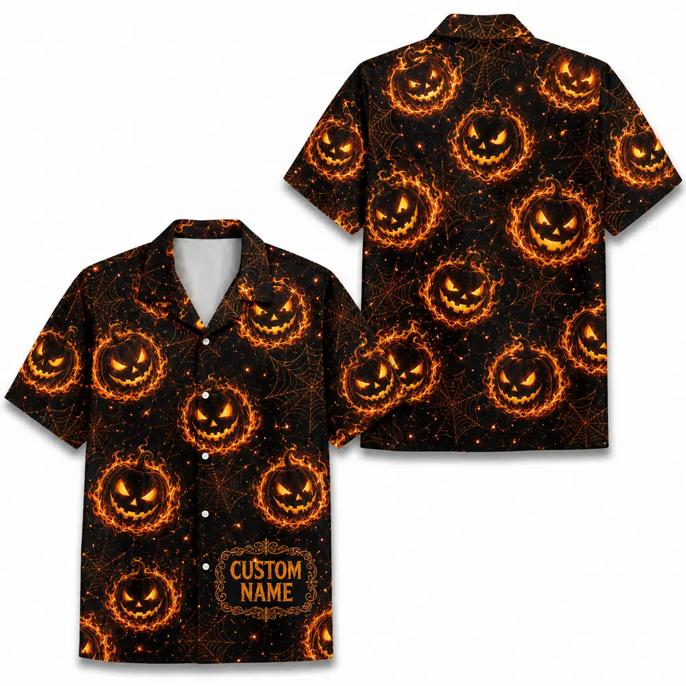 Personalized Spooky Pumpkin Halloween Hawaiian Shirt For Men Women, Short Sleeve Creepy Fall Festival Vacation Print, Custom Name Button Down - Style 7