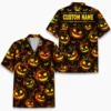 Personalized Spooky Pumpkin Halloween Hawaiian Shirt For Men Women, Short Sleeve Creepy Fall Festival Vacation Print, Custom Name Button Down - Style 8