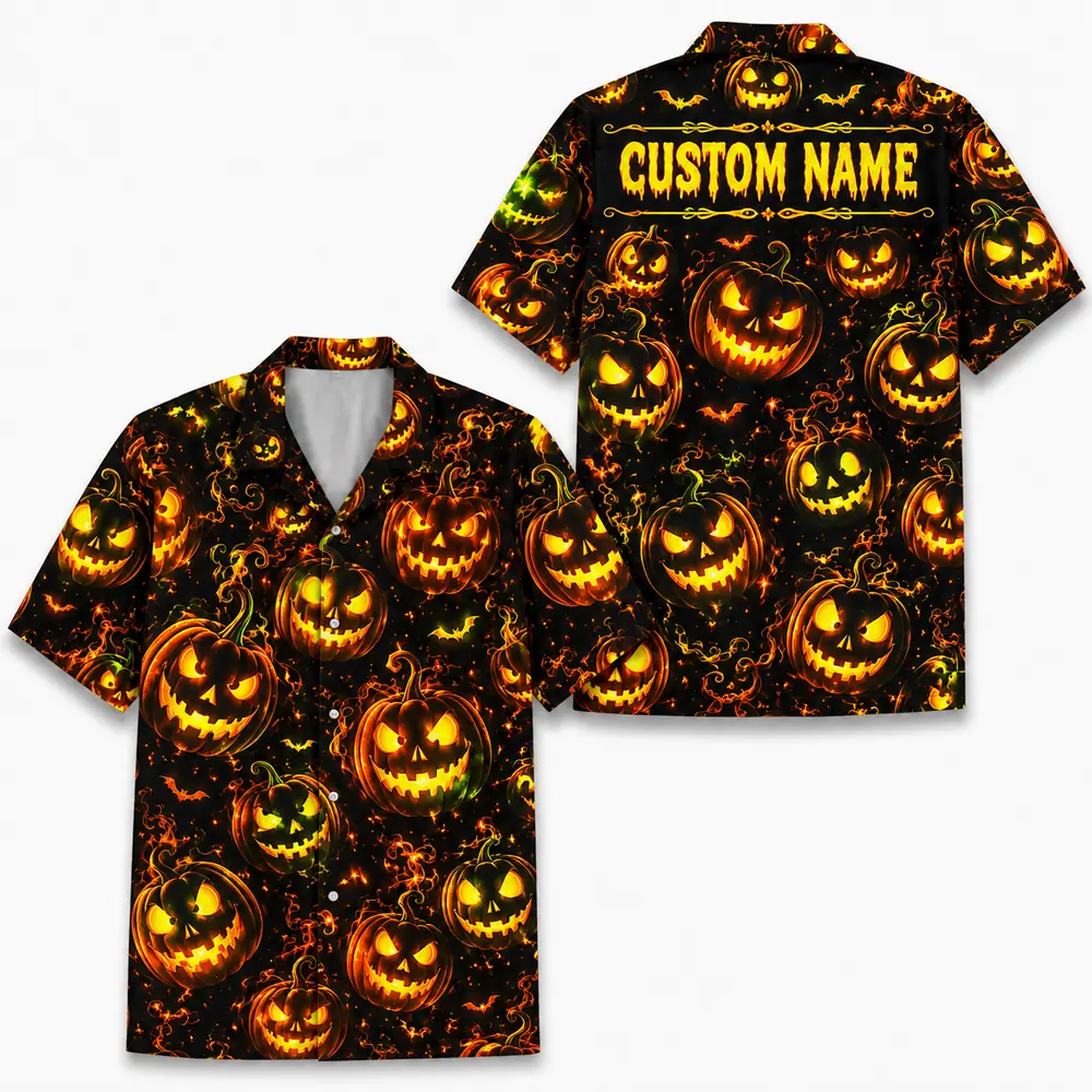 Personalized Spooky Pumpkin Halloween Hawaiian Shirt For Men Women, Short Sleeve Creepy Fall Festival Vacation Print, Custom Name Button Down - Style 8