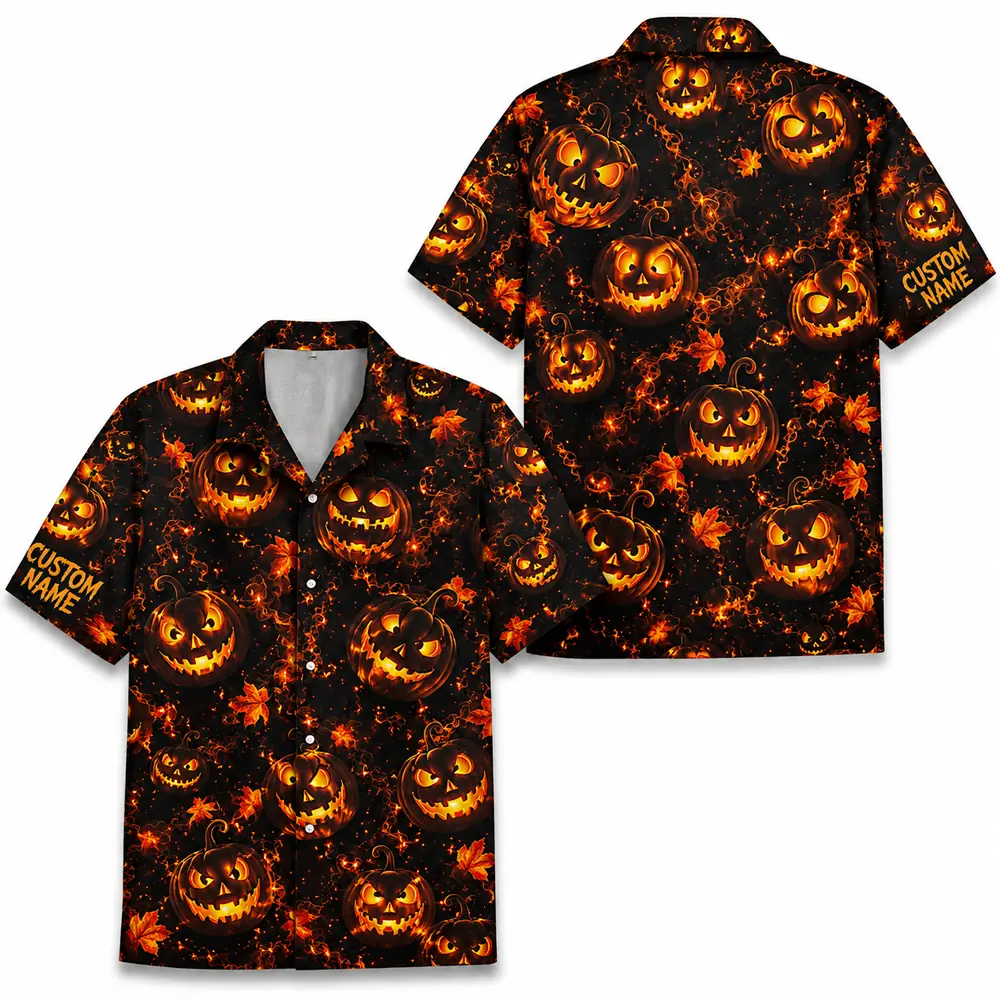 Personalized Spooky Pumpkin Halloween Hawaiian Shirt For Men Women, Short Sleeve Creepy Fall Festival Vacation Print, Custom Name Button Down - Style 9