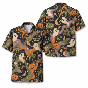 Personalized Spooky Retro Halloween Hawaiian Shirt For Men Women, Short Sleeve Festive Fall Vacation Print, Custom Name Button Down - Style 1