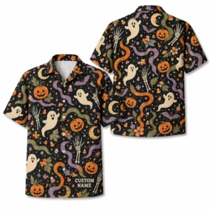 Personalized Spooky Retro Halloween Hawaiian Shirt For Men Women, Short Sleeve Festive Fall Vacation Print, Custom Name Button Down - Style 2