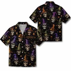 Personalized Spooky Skeleton Halloween Hawaiian Shirt For Men Women, Short Sleeve Dark Festival Party Print, Custom Name Button Down - Style 1