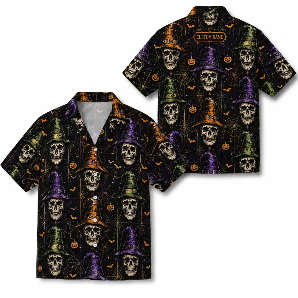 Personalized Spooky Skeleton Halloween Hawaiian Shirt For Men Women, Short Sleeve Dark Festival Party Print, Custom Name Button Down - Style 10