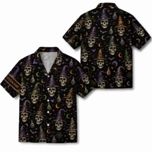 Personalized Spooky Skeleton Halloween Hawaiian Shirt For Men Women, Short Sleeve Dark Festival Party Print, Custom Name Button Down - Style 2