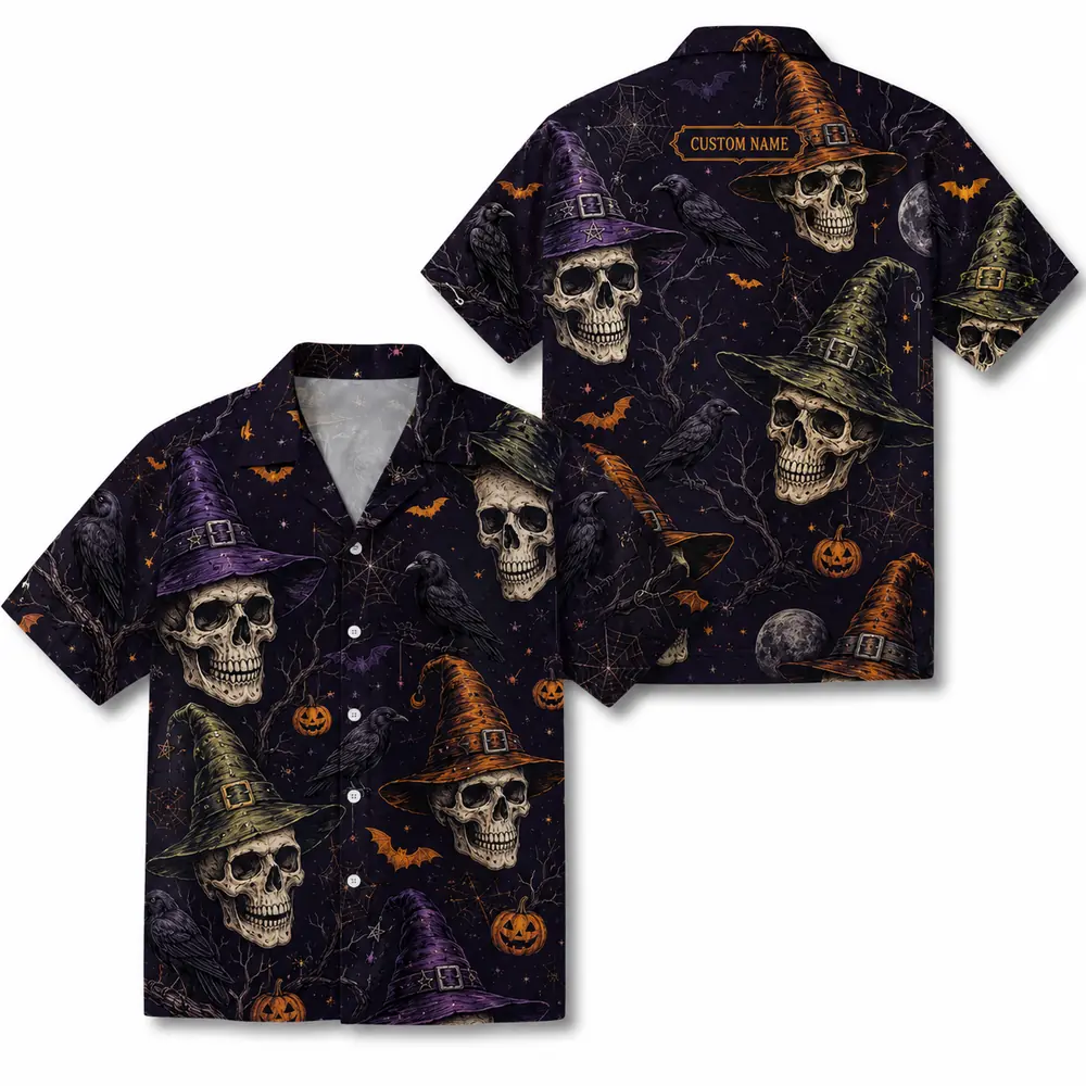 Personalized Spooky Skeleton Halloween Hawaiian Shirt For Men Women, Short Sleeve Dark Festival Party Print, Custom Name Button Down - Style 3