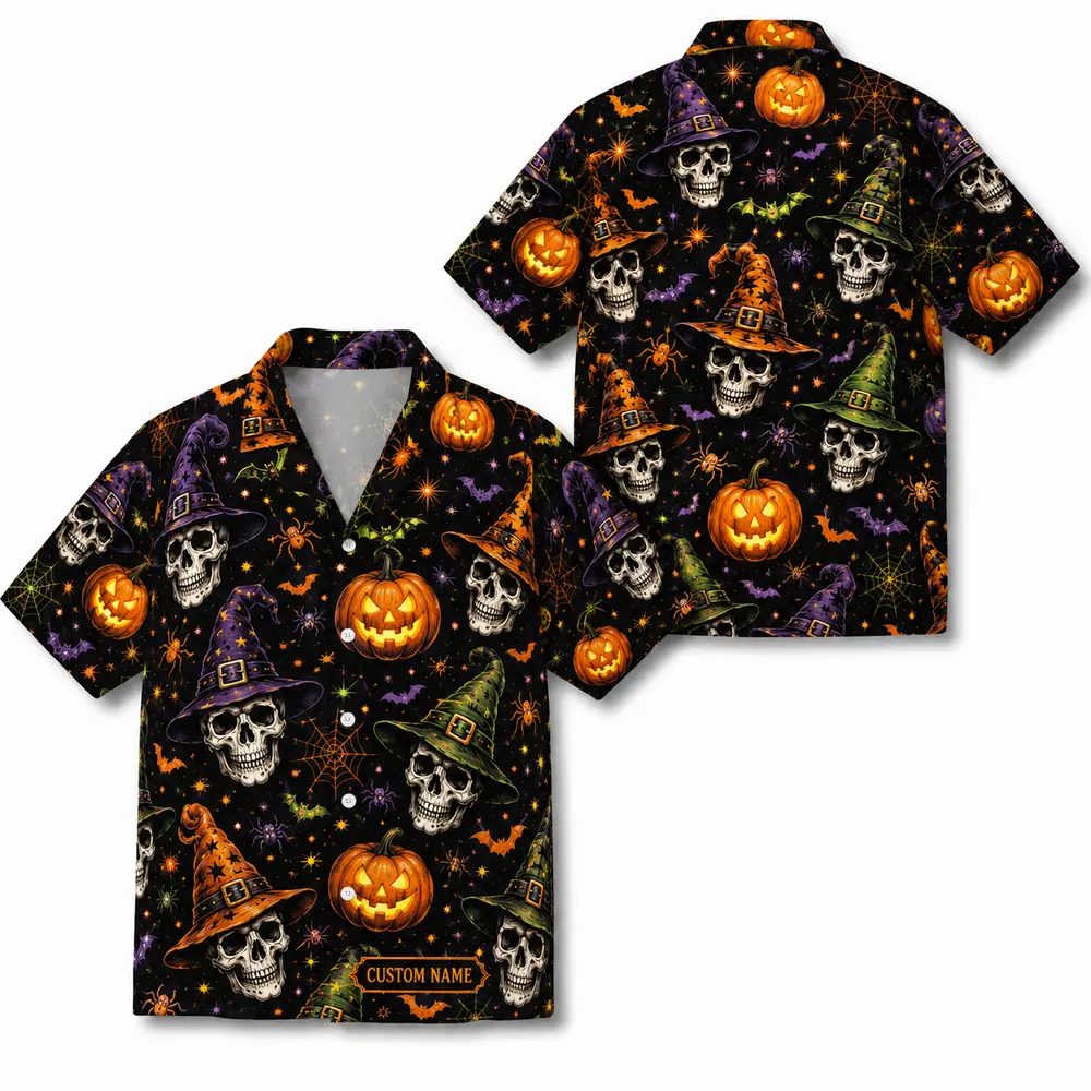 Personalized Spooky Skeleton Halloween Hawaiian Shirt For Men Women, Short Sleeve Dark Festival Party Print, Custom Name Button Down - Style 4