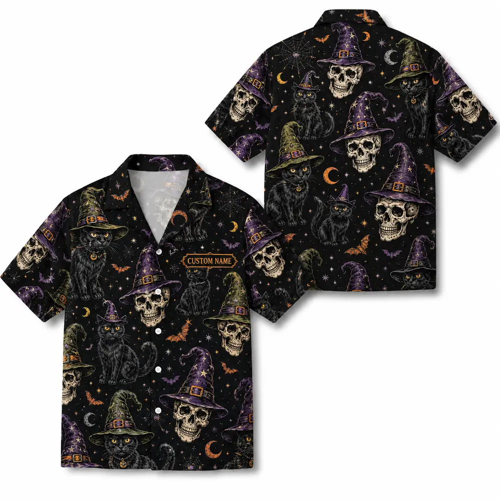 Personalized Spooky Skeleton Halloween Hawaiian Shirt For Men Women, Short Sleeve Dark Festival Party Print, Custom Name Button Down - Style 5