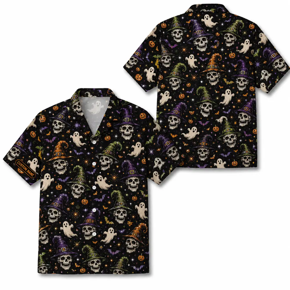 Personalized Spooky Skeleton Halloween Hawaiian Shirt For Men Women, Short Sleeve Dark Festival Party Print, Custom Name Button Down - Style 6