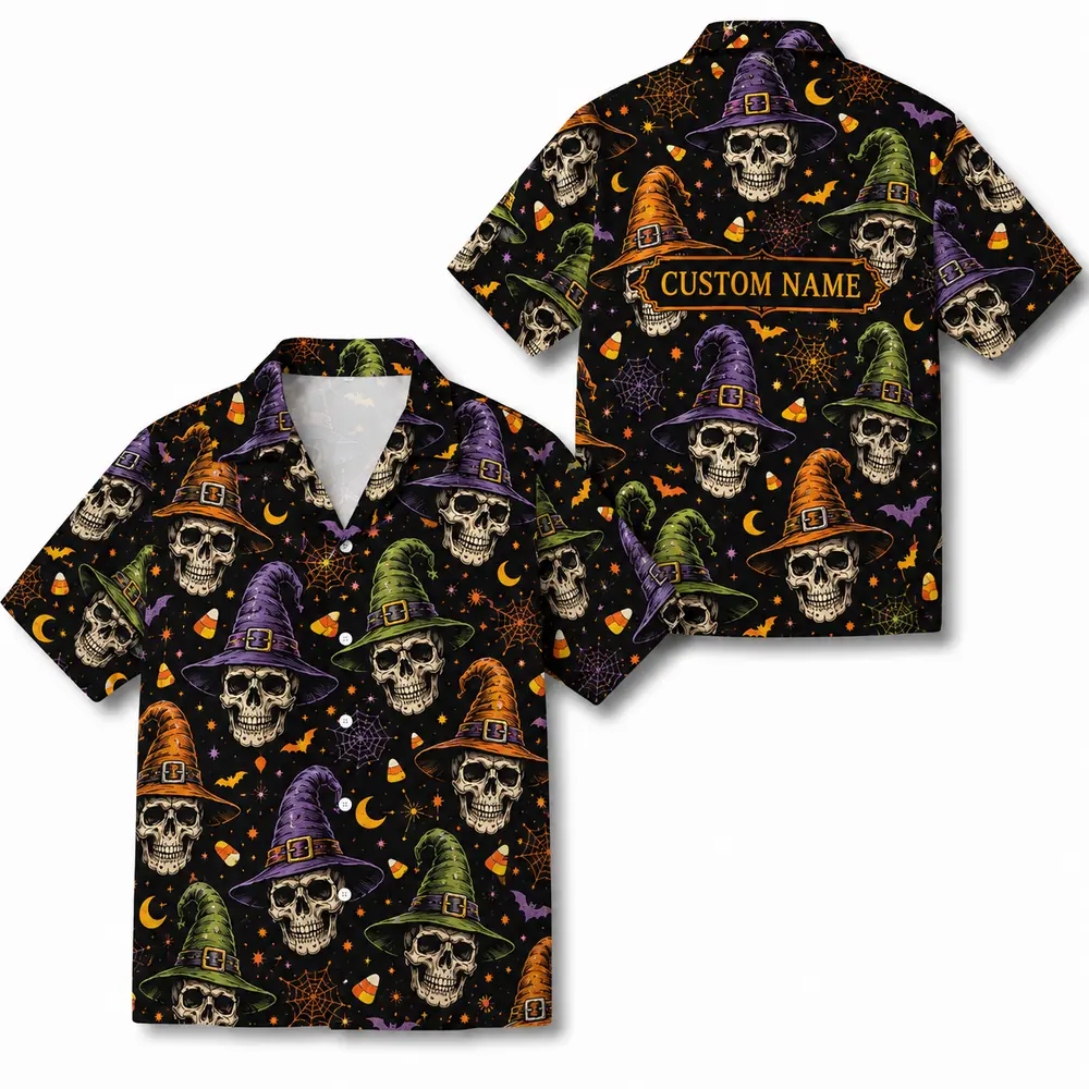 Personalized Spooky Skeleton Halloween Hawaiian Shirt For Men Women, Short Sleeve Dark Festival Party Print, Custom Name Button Down - Style 7