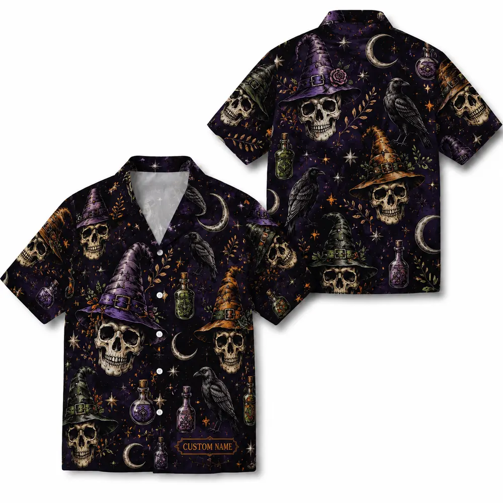 Personalized Spooky Skeleton Halloween Hawaiian Shirt For Men Women, Short Sleeve Dark Festival Party Print, Custom Name Button Down - Style 8