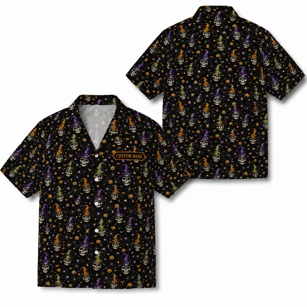 Personalized Spooky Skeleton Halloween Hawaiian Shirt For Men Women, Short Sleeve Dark Festival Party Print, Custom Name Button Down - Style 9