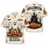Personalized Spooky Sketch Halloween Hawaiian Shirt For Men Women, Short Sleeve Vintage Fall Festival Print, Custom Name Button Down - Style 1