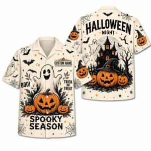 Personalized Spooky Sketch Halloween Hawaiian Shirt For Men Women, Short Sleeve Vintage Fall Festival Print, Custom Name Button Down - Style 1