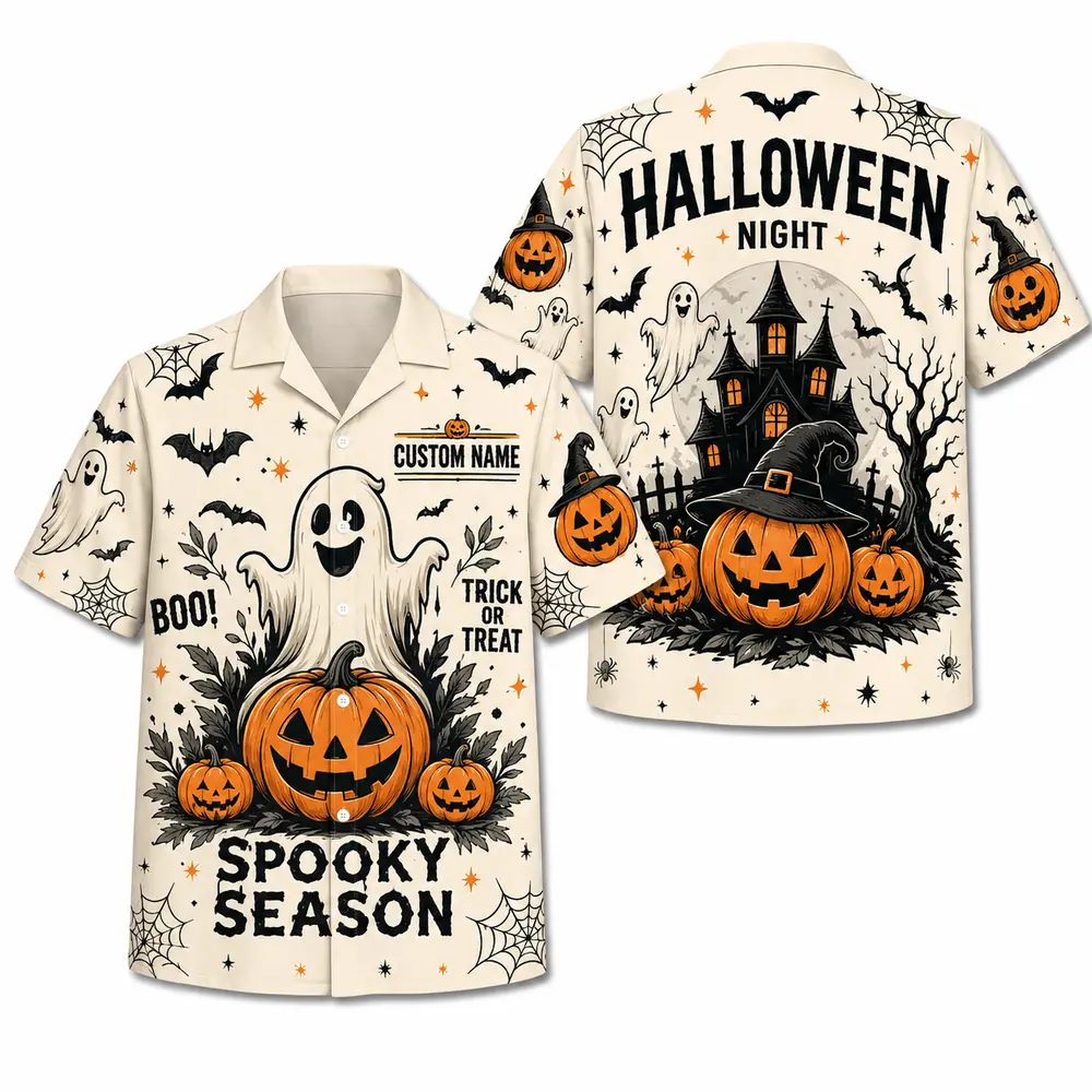 Personalized Spooky Sketch Halloween Hawaiian Shirt For Men Women, Short Sleeve Vintage Fall Festival Print, Custom Name Button Down - Style 1