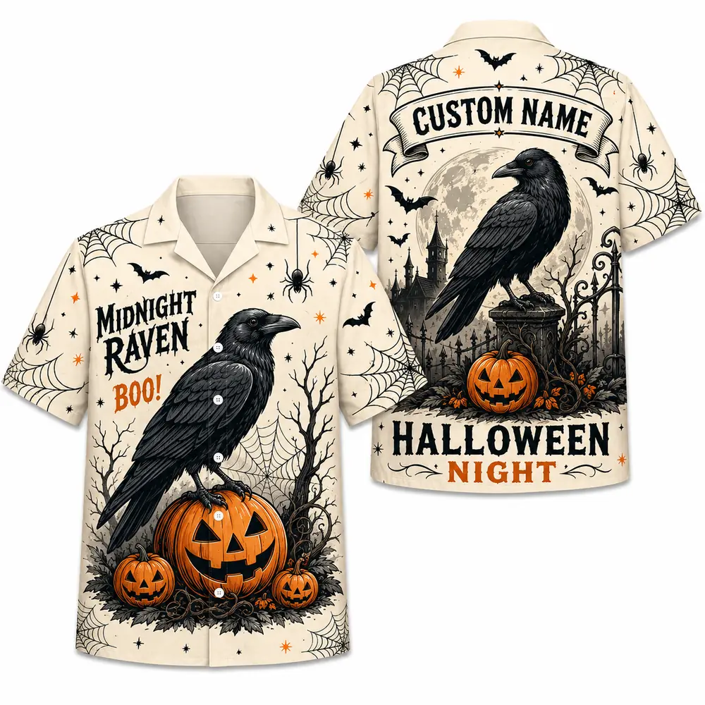Personalized Spooky Sketch Halloween Hawaiian Shirt For Men Women, Short Sleeve Vintage Fall Festival Print, Custom Name Button Down - Style 10