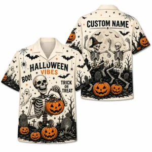 Personalized Spooky Sketch Halloween Hawaiian Shirt For Men Women, Short Sleeve Vintage Fall Festival Print, Custom Name Button Down - Style 2