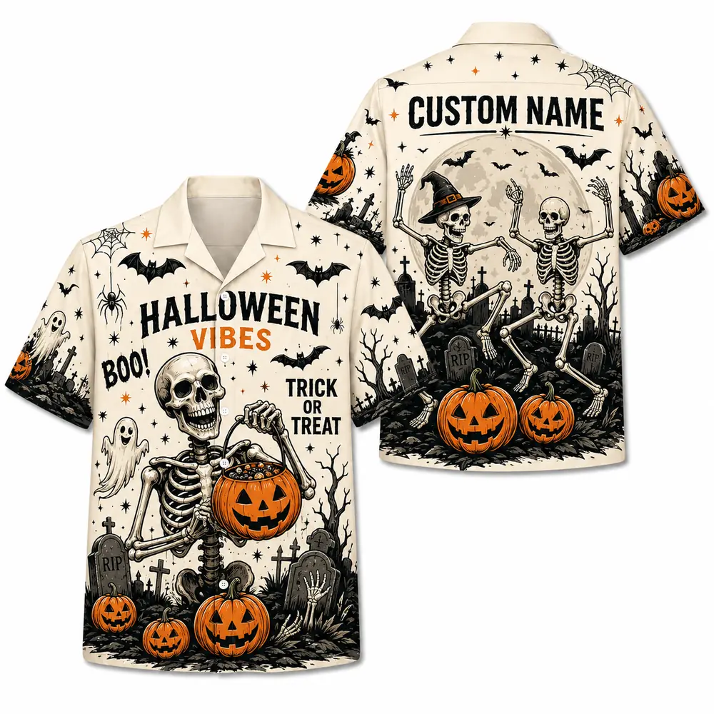 Personalized Spooky Sketch Halloween Hawaiian Shirt For Men Women, Short Sleeve Vintage Fall Festival Print, Custom Name Button Down - Style 2