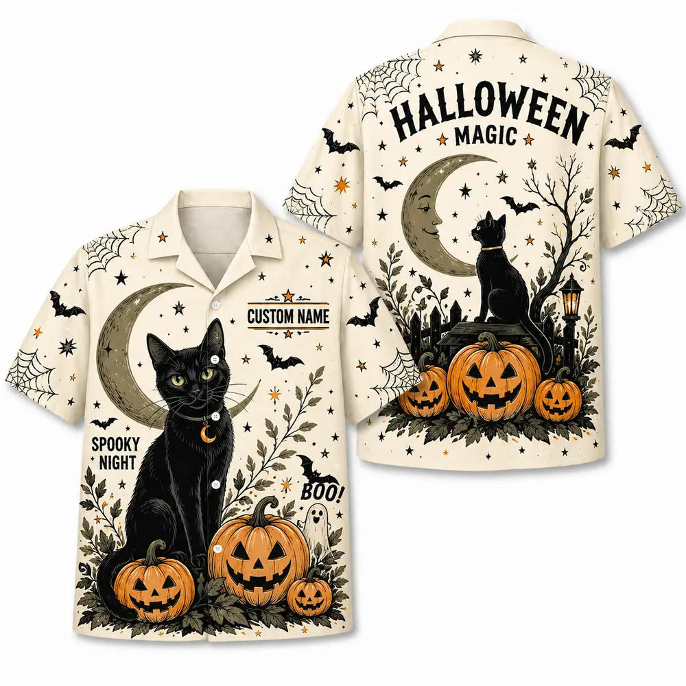 Personalized Spooky Sketch Halloween Hawaiian Shirt For Men Women, Short Sleeve Vintage Fall Festival Print, Custom Name Button Down - Style 3