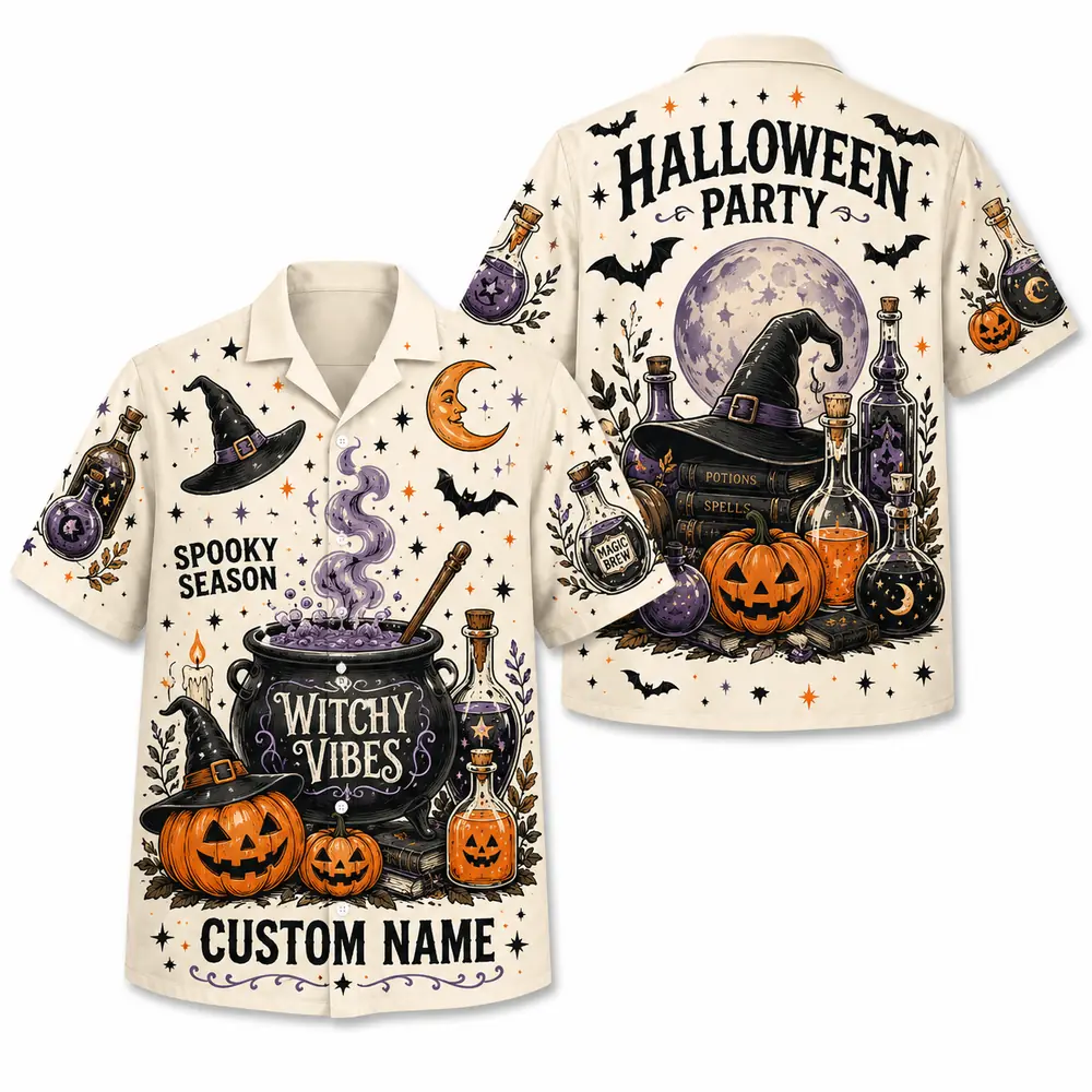 Personalized Spooky Sketch Halloween Hawaiian Shirt For Men Women, Short Sleeve Vintage Fall Festival Print, Custom Name Button Down - Style 4