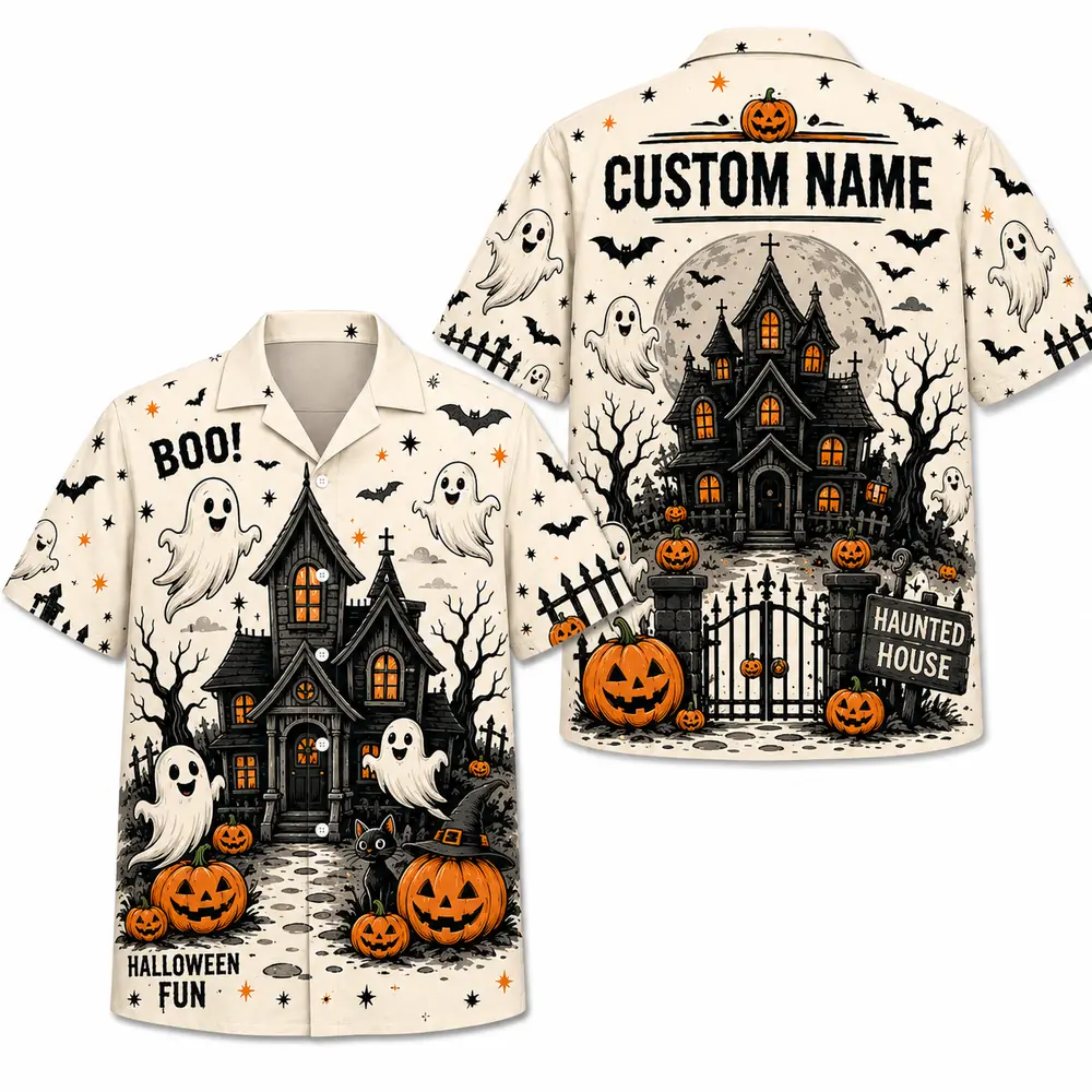 Personalized Spooky Sketch Halloween Hawaiian Shirt For Men Women, Short Sleeve Vintage Fall Festival Print, Custom Name Button Down - Style 5