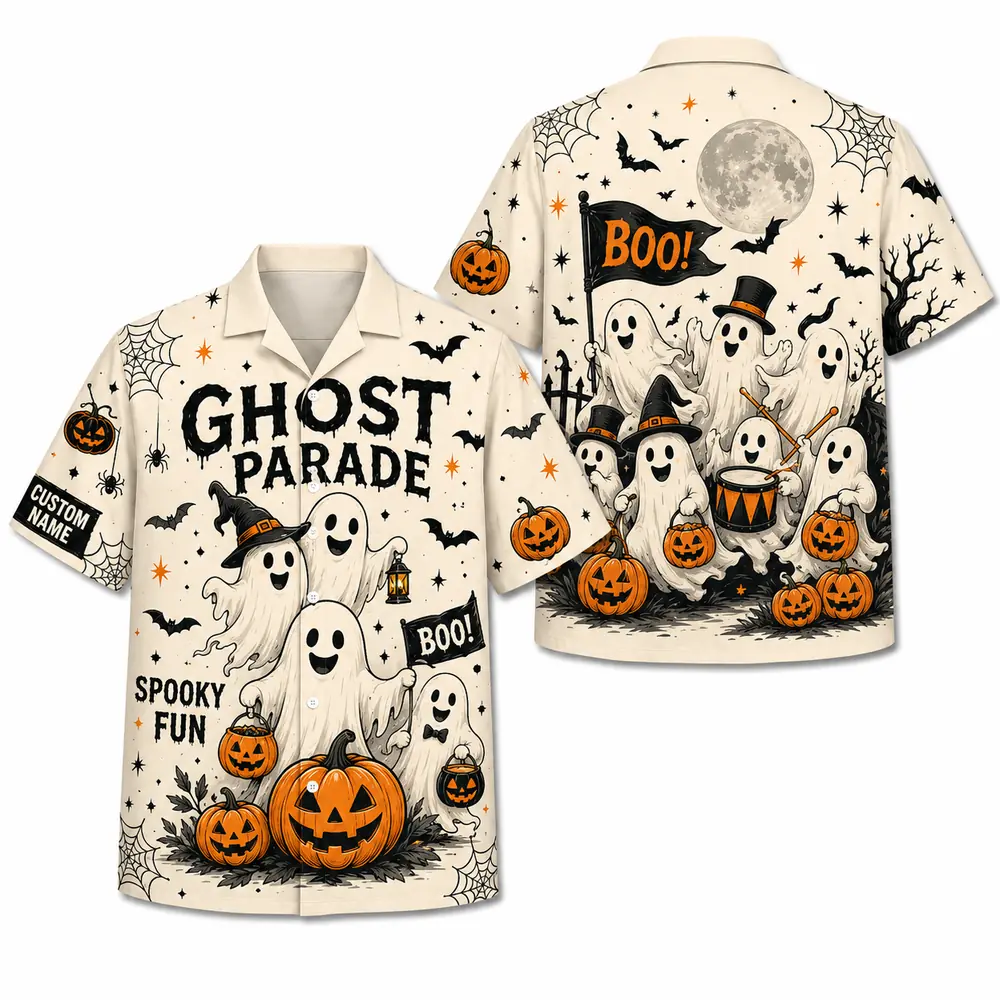Personalized Spooky Sketch Halloween Hawaiian Shirt For Men Women, Short Sleeve Vintage Fall Festival Print, Custom Name Button Down - Style 6