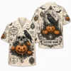 Personalized Spooky Sketch Halloween Hawaiian Shirt For Men Women, Short Sleeve Vintage Fall Festival Print, Custom Name Button Down - Style 7