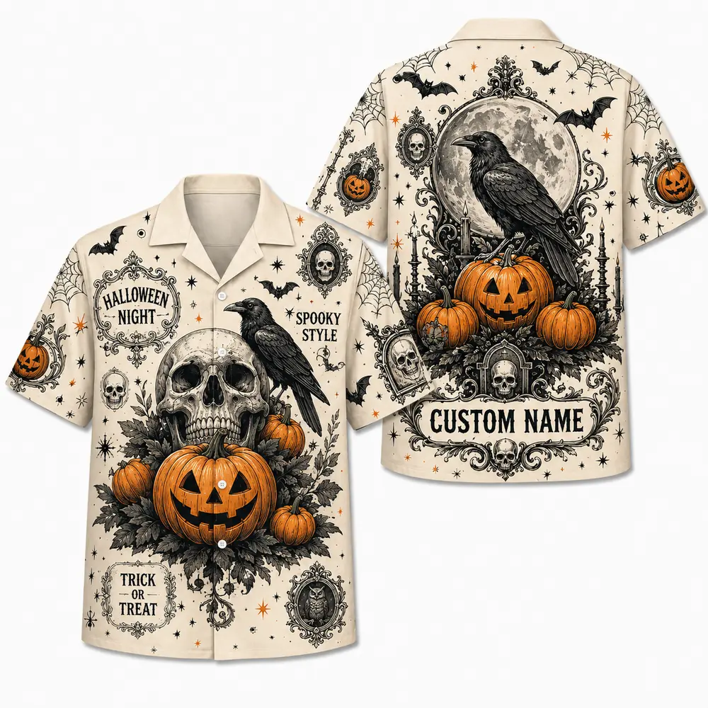 Personalized Spooky Sketch Halloween Hawaiian Shirt For Men Women, Short Sleeve Vintage Fall Festival Print, Custom Name Button Down - Style 7