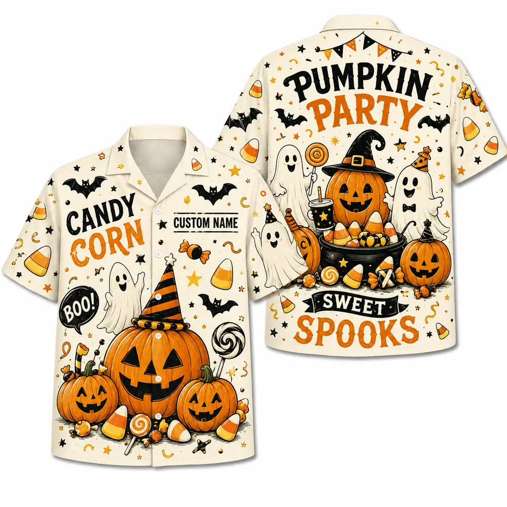 Personalized Spooky Sketch Halloween Hawaiian Shirt For Men Women, Short Sleeve Vintage Fall Festival Print, Custom Name Button Down - Style 8