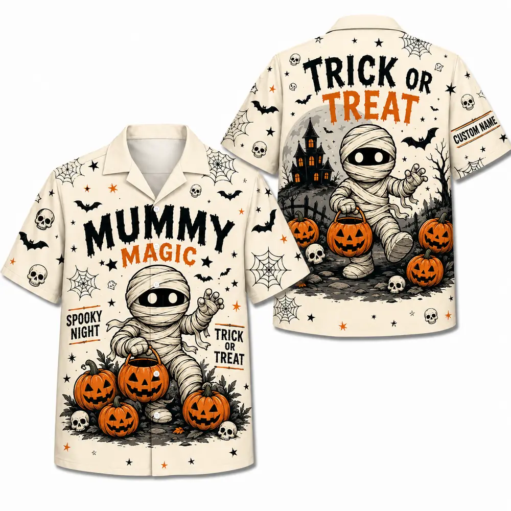 Personalized Spooky Sketch Halloween Hawaiian Shirt For Men Women, Short Sleeve Vintage Fall Festival Print, Custom Name Button Down - Style 9