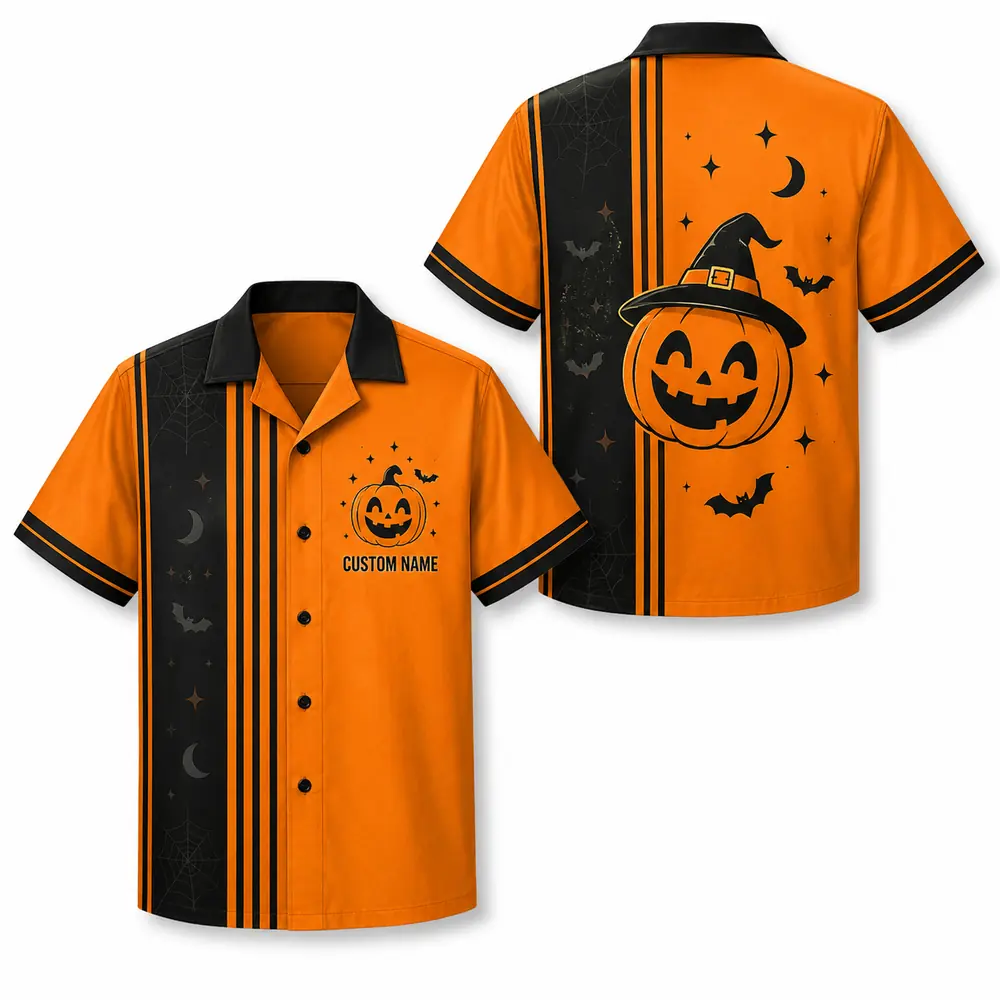 Personalized Spooky Stripe Halloween Hawaiian Shirt For Men Women, Short Sleeve Festive Fall Vacation Print, Custom Name Button Down - Style 1